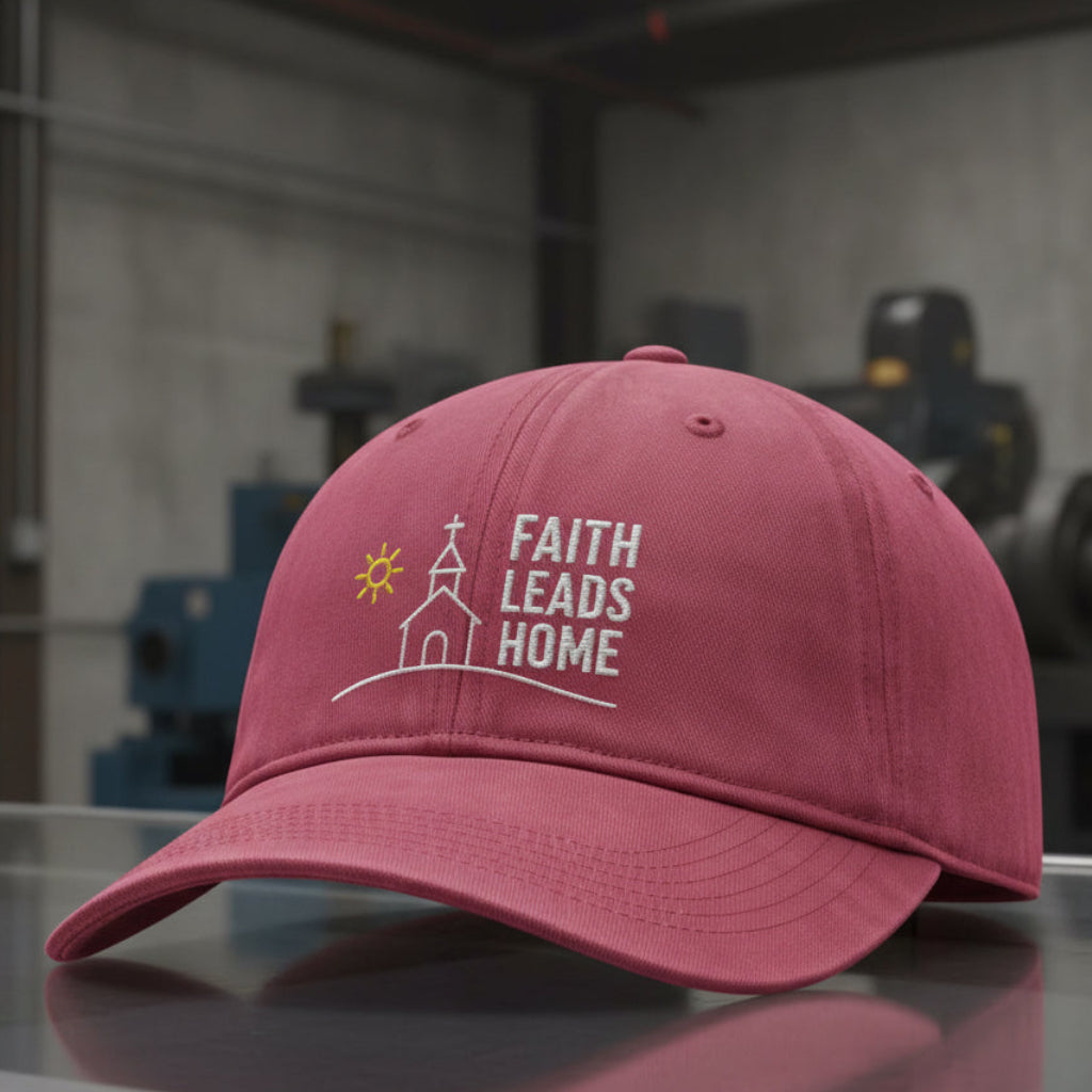 Faith Leads Home Cap in Crimson (washed red), alternate view — faith leads home, path to the cross, Comfort Colors CCWC0 washed christian cap