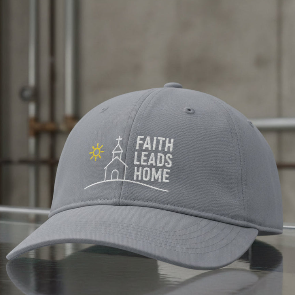 Faith Leads Home Cap in Granite (grey) — faith leads home, path to the cross, Comfort Colors CCWC0 washed christian cap