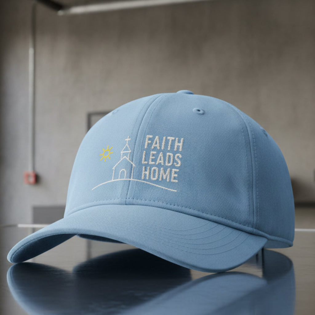 Faith Leads Home Cap in Hydrangea (light blue) — faith leads home, path to the cross, Comfort Colors CCWC0 washed christian cap