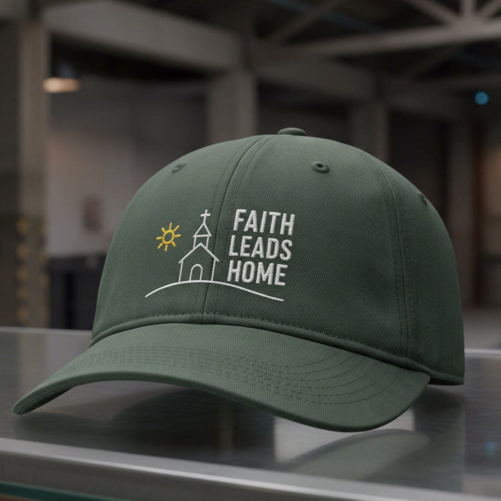 Faith Leads Home Cap in Moss (green) — faith leads home, path to the cross, Comfort Colors CCWC0 washed christian cap