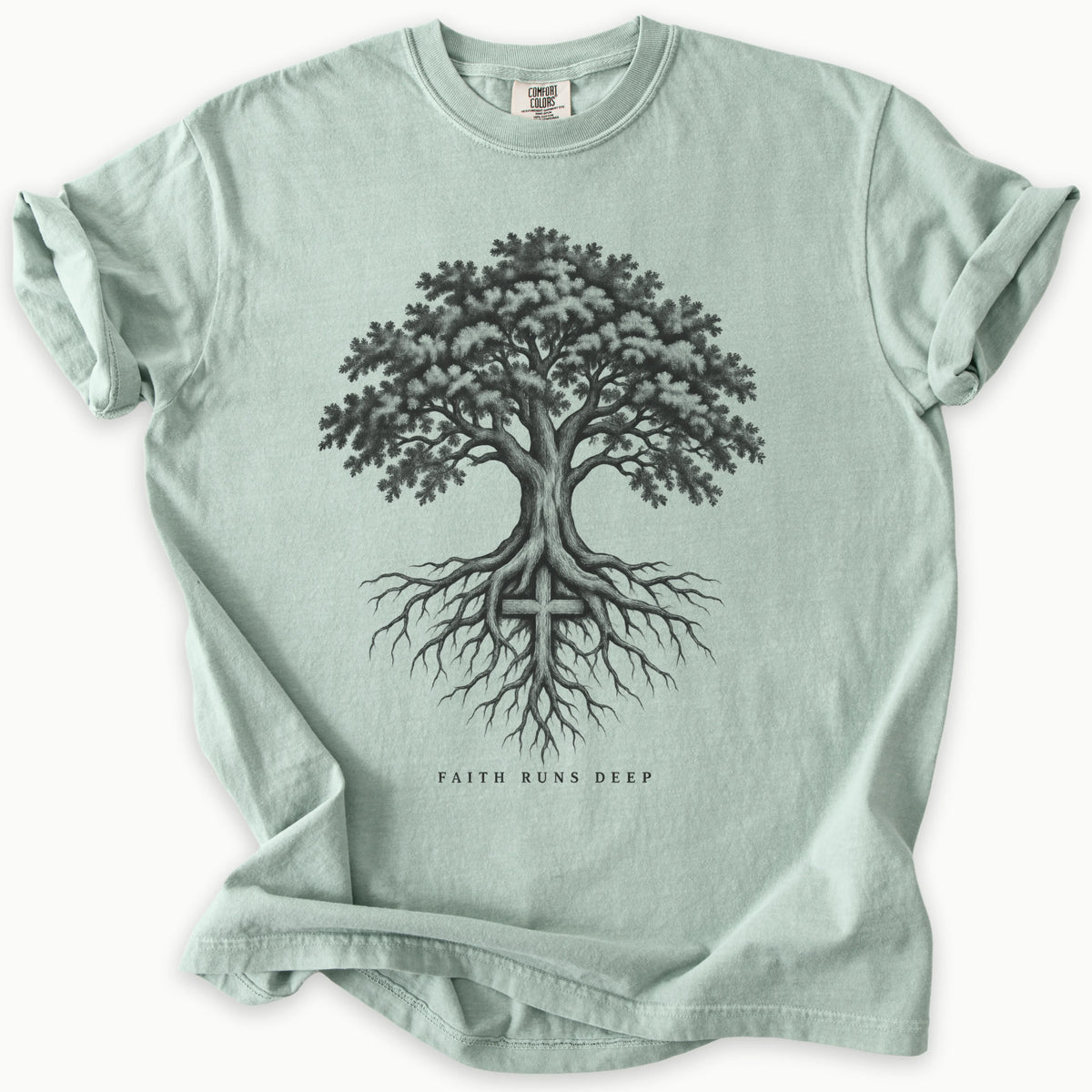 Faith Runs Deep T-Shirt in Bay (sage green) — faith runs deep, rooted belief tee, Comfort Colors 1717 unisex christian faith tee