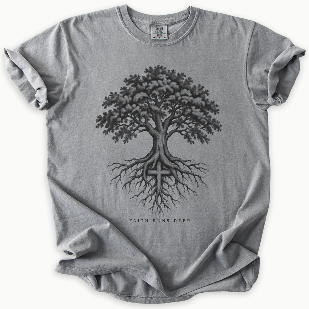Faith Runs Deep T-Shirt in Grey (medium grey) — faith runs deep, rooted belief tee, Comfort Colors 1717 unisex christian faith tee