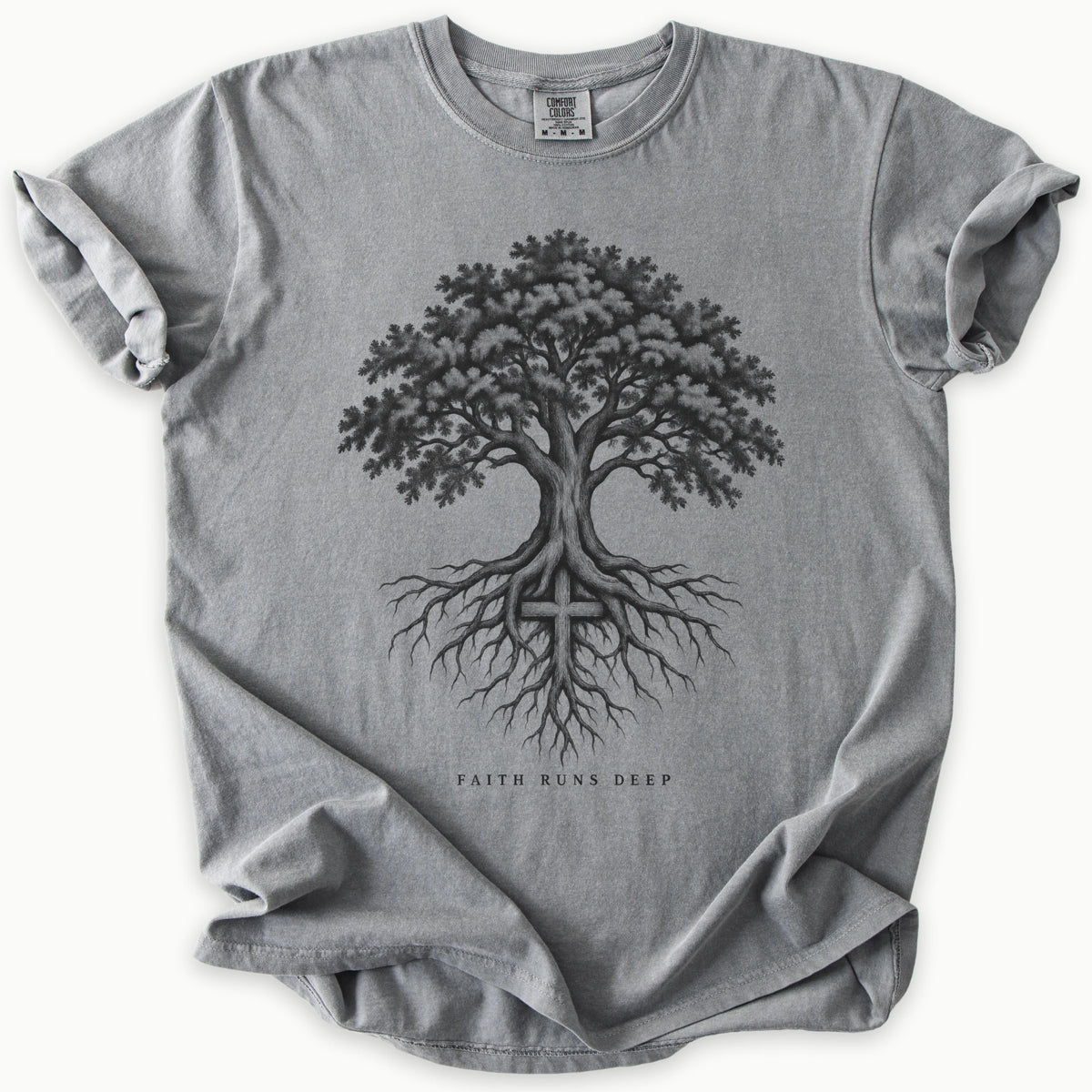 Faith Runs Deep T-Shirt in Grey (medium grey) — faith runs deep, rooted belief tee, Comfort Colors 1717 unisex christian faith tee