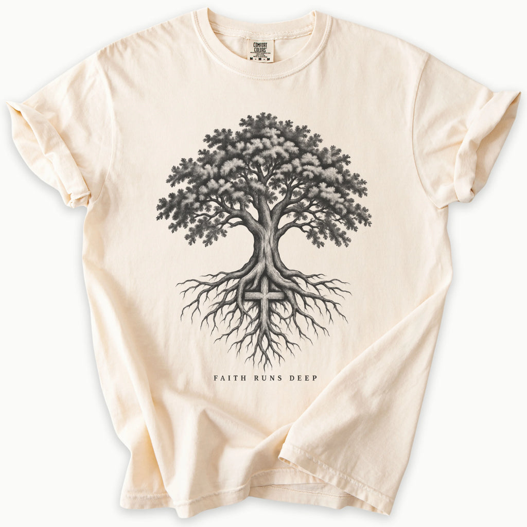 Faith Runs Deep T-Shirt in Ivory (warm cream) — faith runs deep, rooted belief tee, Comfort Colors 1717 unisex christian faith tee