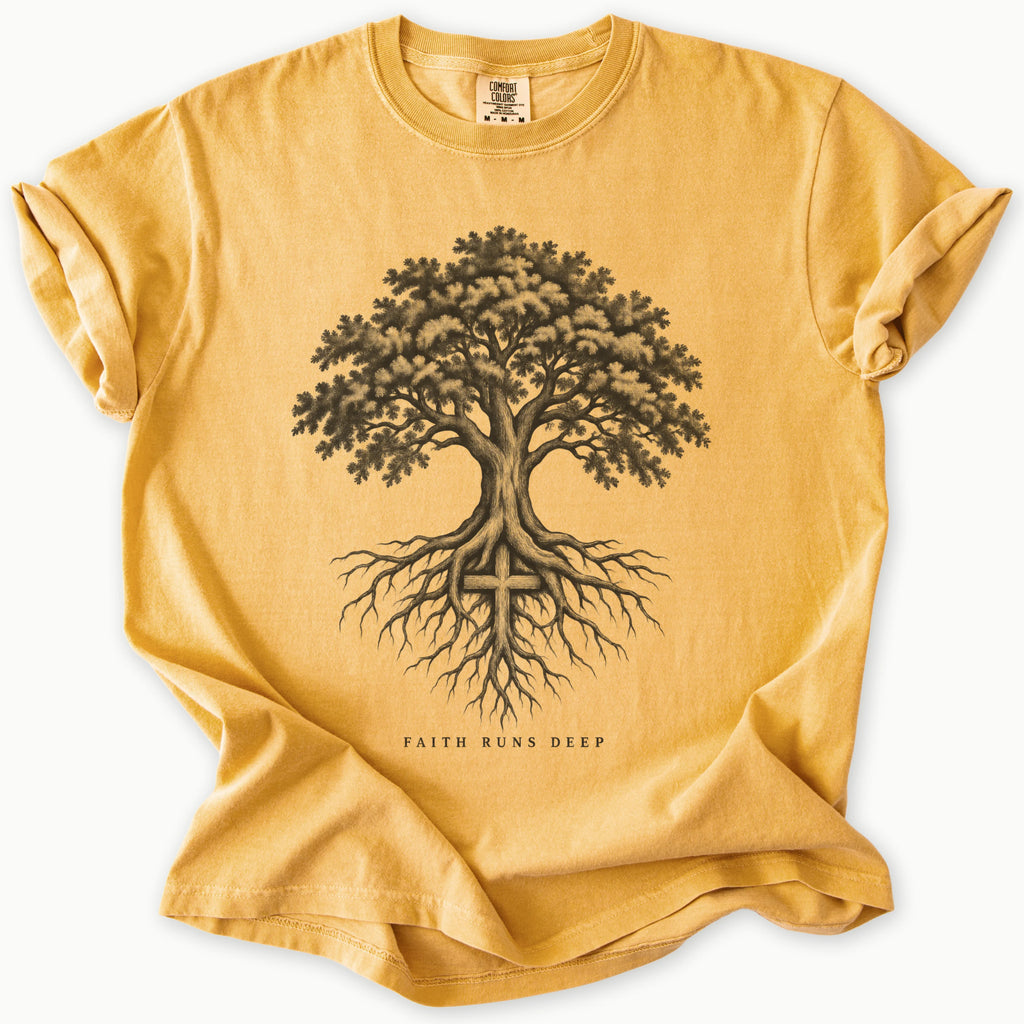 Faith Runs Deep T-Shirt in Mustard (golden mustard yellow) — faith runs deep, rooted belief tee, Comfort Colors 1717 unisex christian faith tee