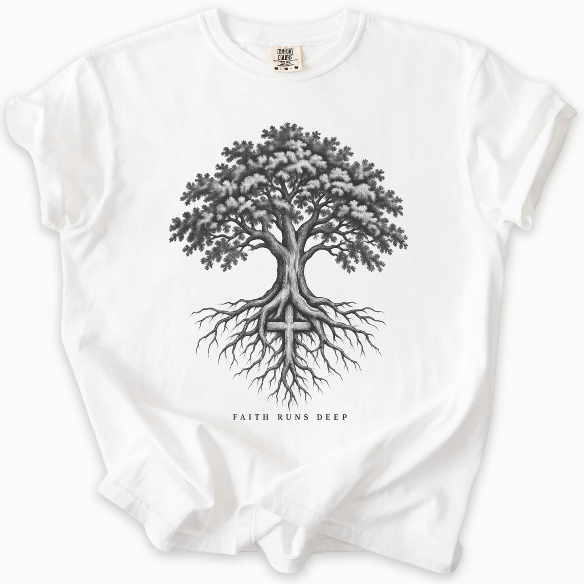 Faith Runs Deep T-Shirt in White — faith runs deep, rooted belief tee, Comfort Colors 1717 unisex christian faith tee