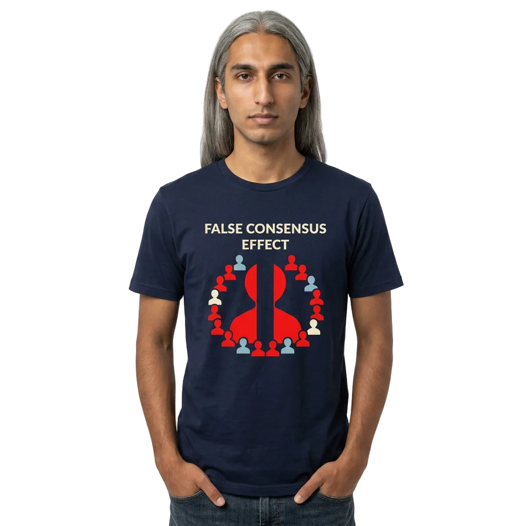 Man wearing a navy blue t-shirt with 'False Consensus Effect' graphic design on a white background