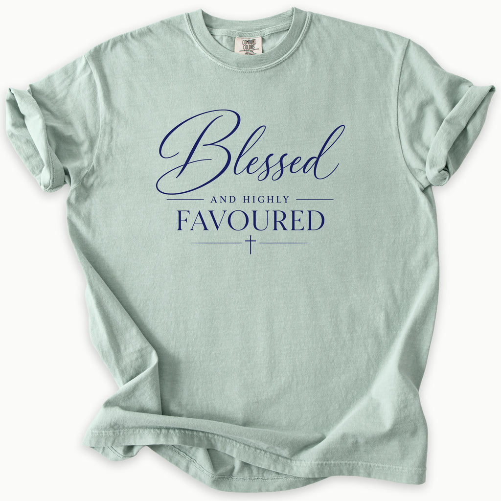 Blessed And Favoured T-Shirt in Bay (sage green) — blessed t shirt, faith tee, Comfort Colors 1717 unisex christian faith tee