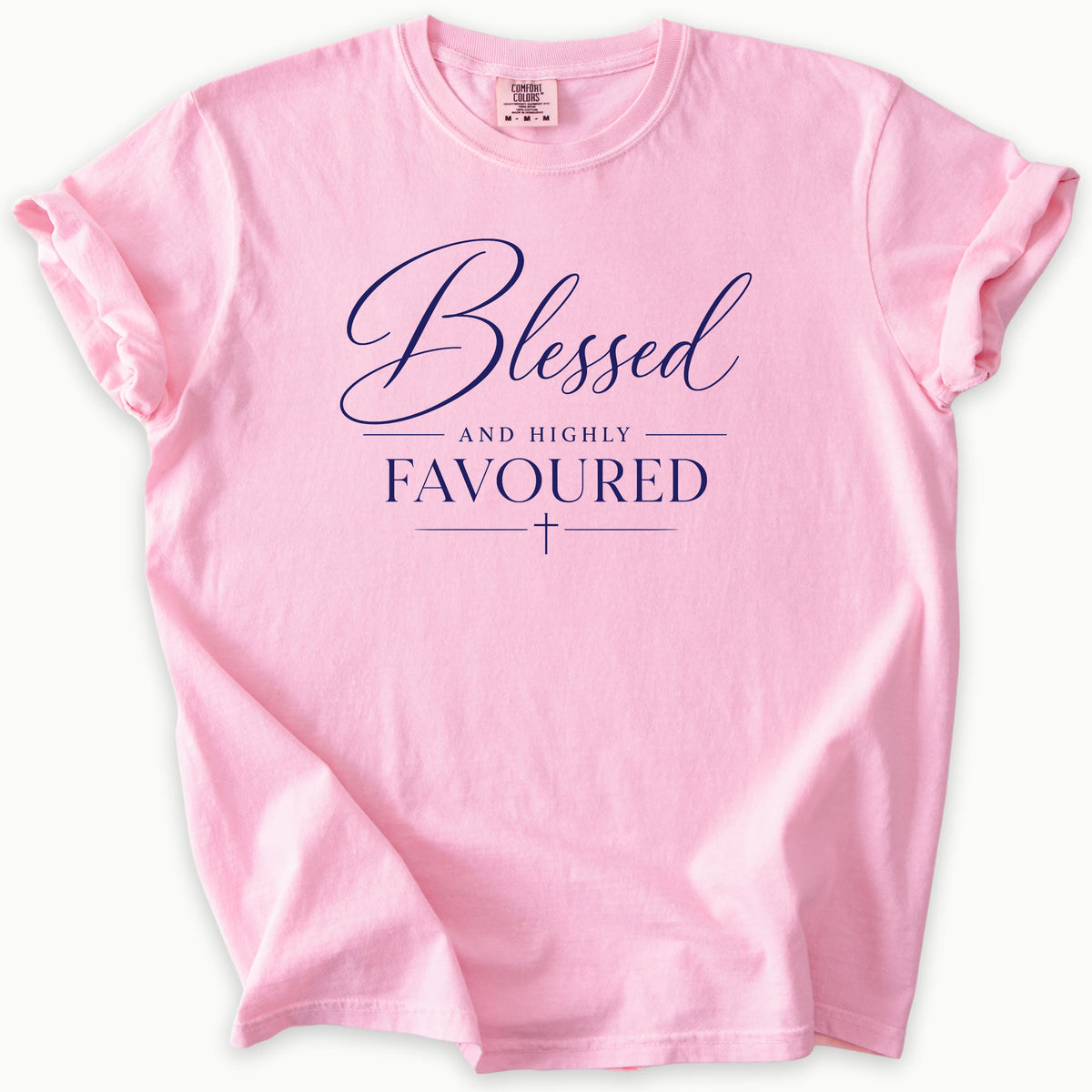 Blessed And Favoured T-Shirt in Blossom (soft pink) — blessed t shirt, faith tee, Comfort Colors 1717 unisex christian faith tee