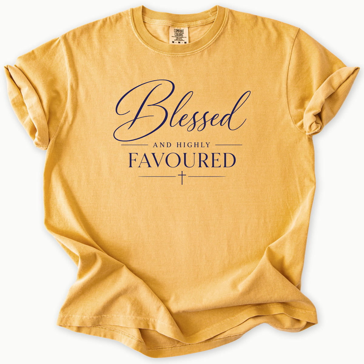 Blessed And Favoured T-Shirt in Mustard (golden mustard yellow) — blessed t shirt, faith tee, Comfort Colors 1717 unisex christian faith tee