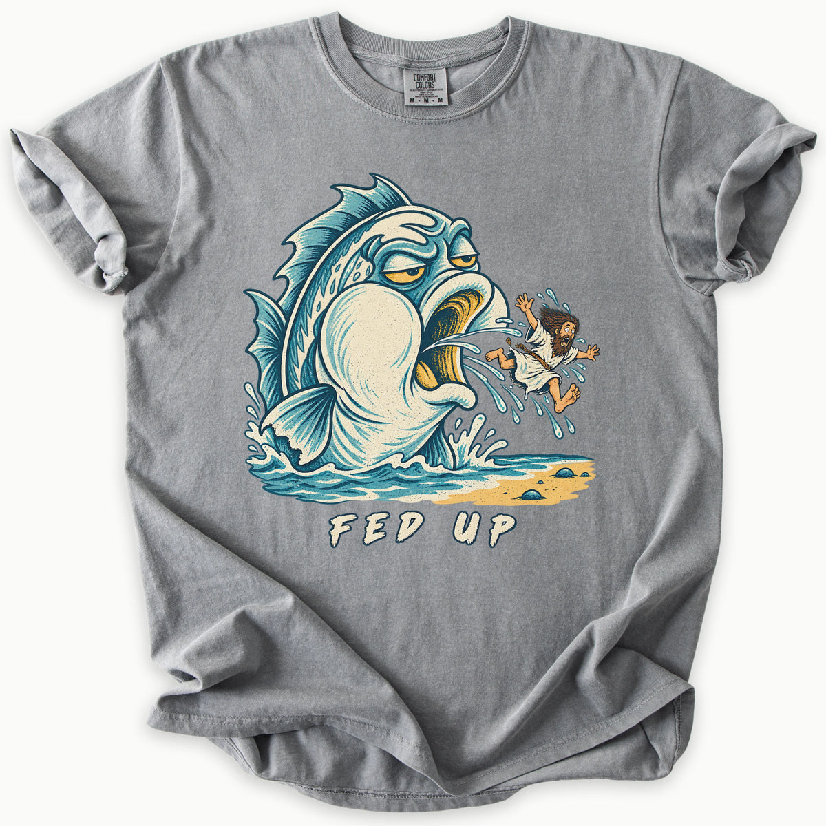 Fed Up T-Shirt in Grey (medium grey) — Jonah spat out by the great fish, funny Bible humor, Comfort Colors 1717 unisex christian faith tee