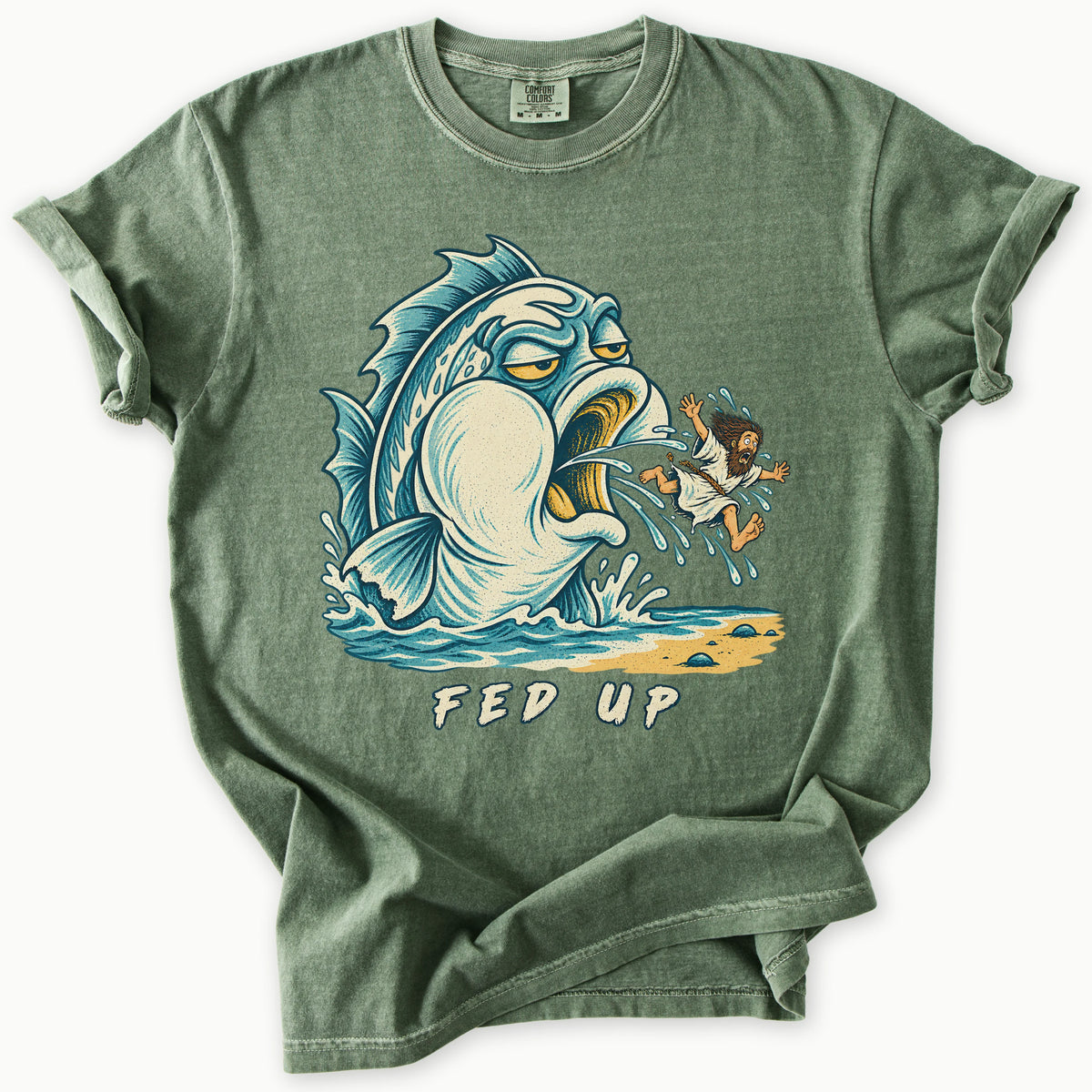Fed Up T-Shirt in Moss (dark olive green) — Jonah spat out by the great fish, funny Bible humor, Comfort Colors 1717 unisex christian faith tee