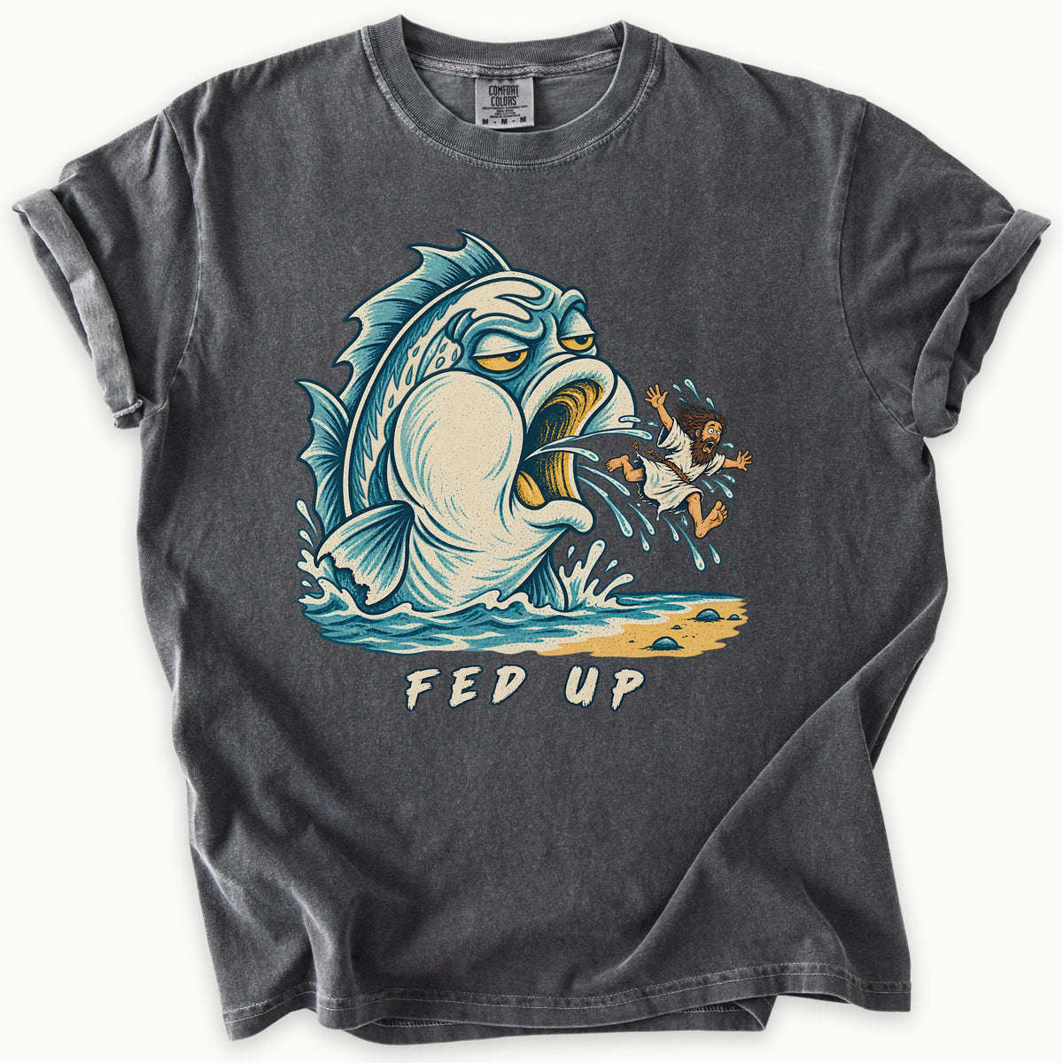 Fed Up T-Shirt in Pepper (charcoal grey) — Jonah spat out by the great fish, funny Bible humor, Comfort Colors 1717 unisex christian faith tee