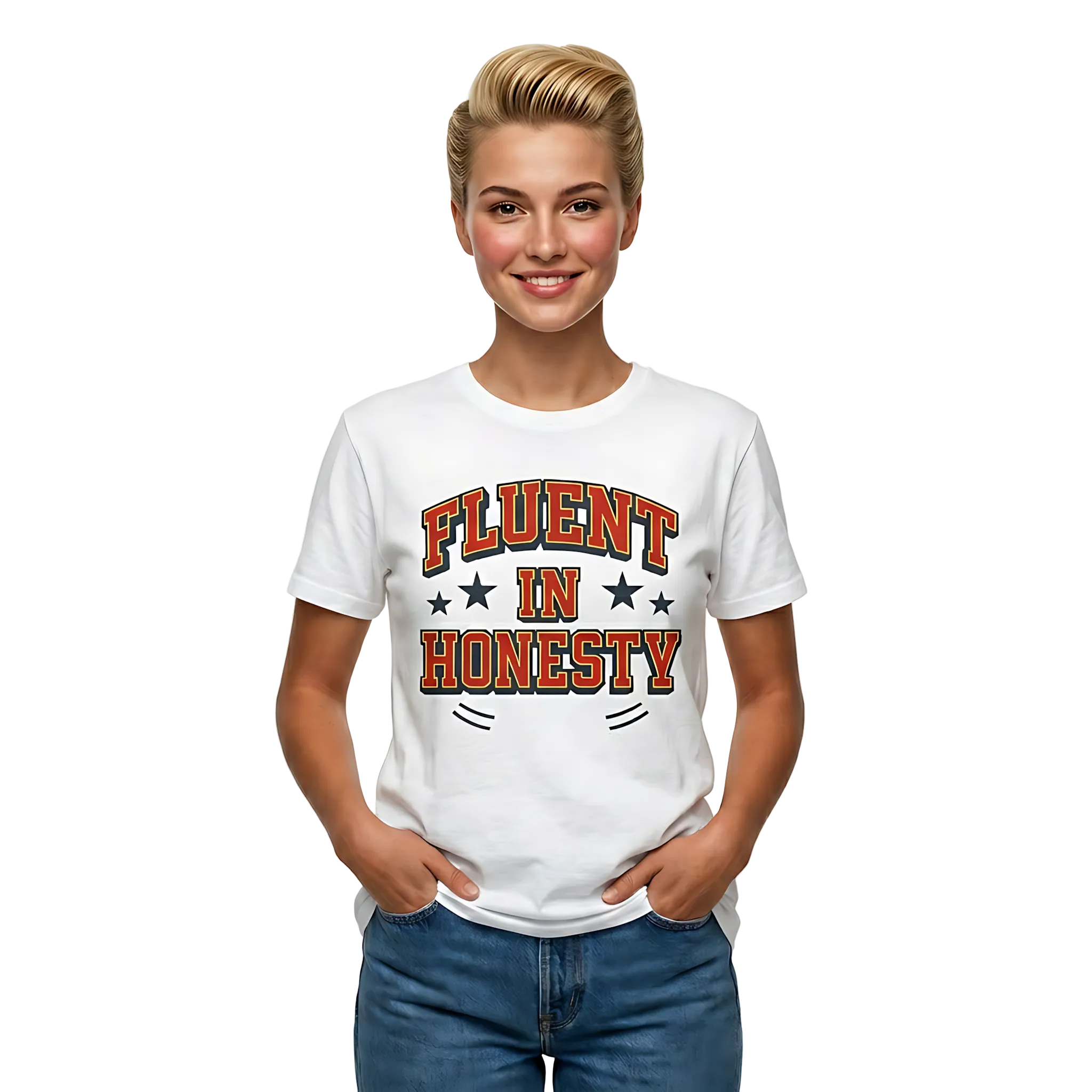 Person wearing a white t-shirt with 'Fluent in Honesty' text on a plain background