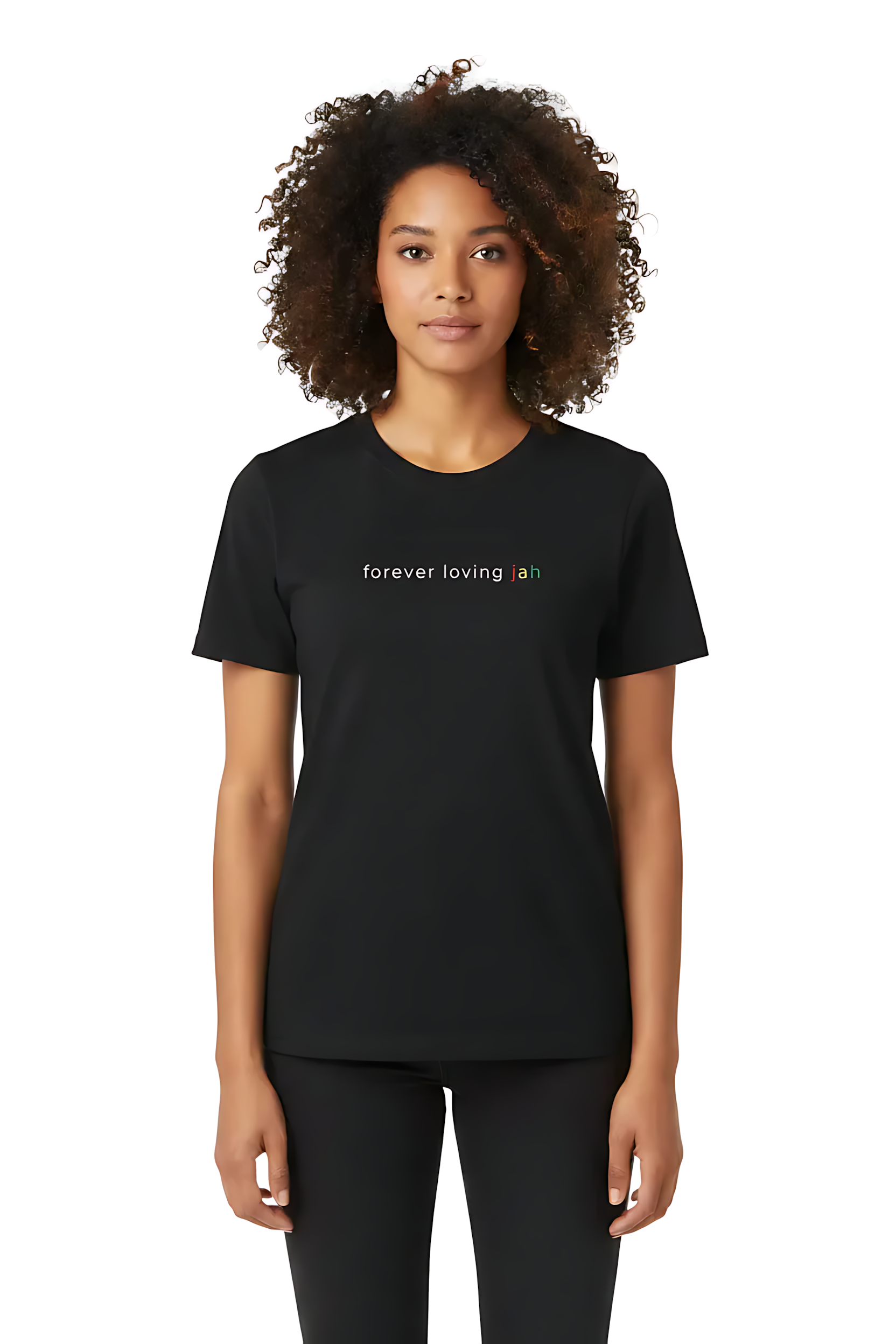 Person wearing a black t-shirt with 'forever loving jah' text on a white background