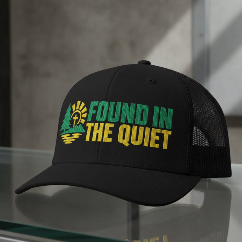 Found In The Quiet Trucker Cap in Black, alternate view — found in the quiet, quiet faith, Richardson 112 christian trucker cap