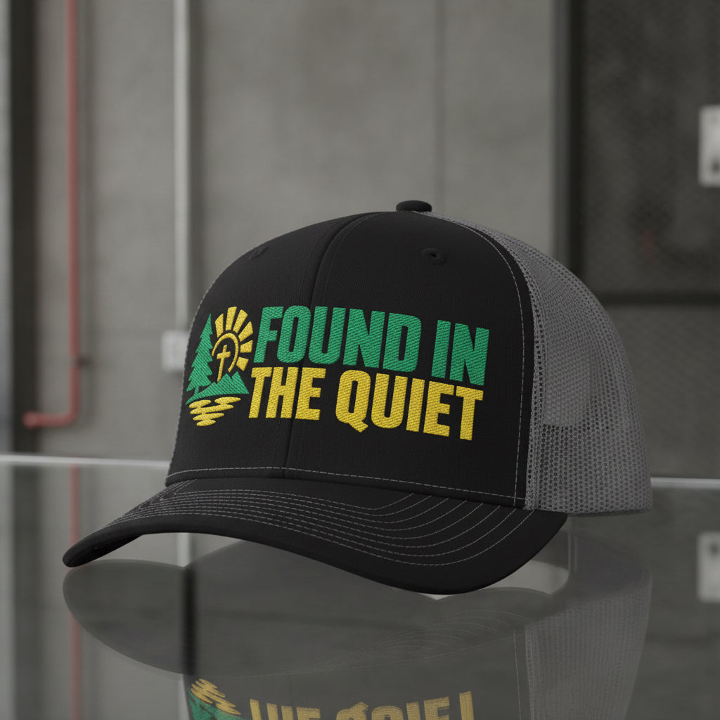 Found In The Quiet Trucker Cap in Black / Charcoal — found in the quiet, quiet faith, Richardson 112 christian trucker cap