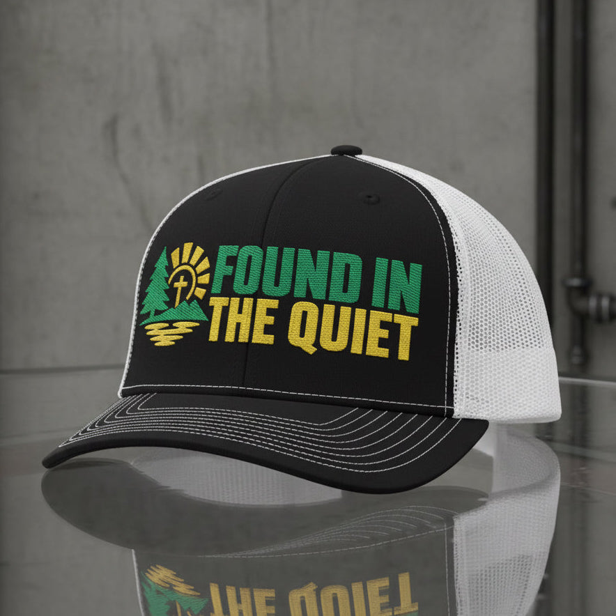 Found In The Quiet Trucker Cap in Black / White — found in the quiet, quiet faith, Richardson 112 christian trucker cap