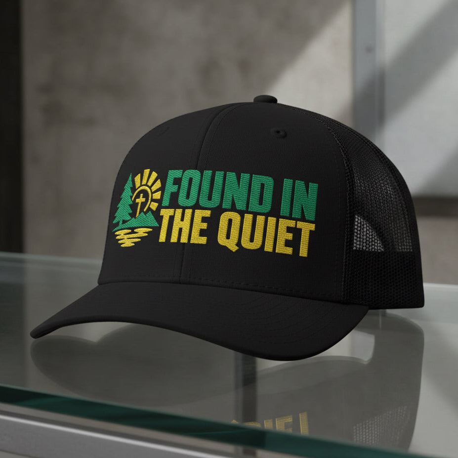 Found In The Quiet Trucker Cap in Black — found in the quiet, quiet faith, Richardson 112 christian trucker cap