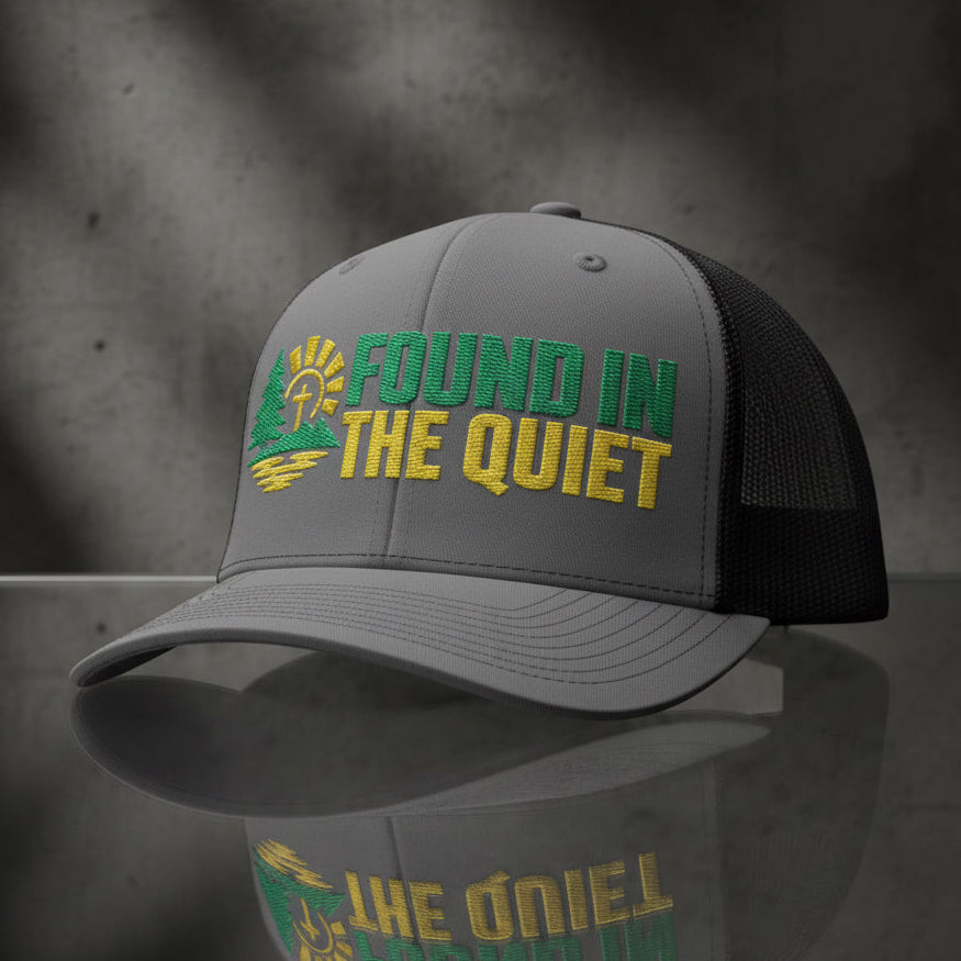 Found In The Quiet Trucker Cap in Charcoal / Black — found in the quiet, quiet faith, Richardson 112 christian trucker cap