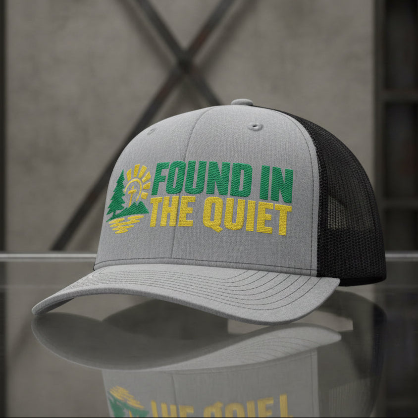 Found In The Quiet Trucker Cap in Heather Grey / Black — found in the quiet, quiet faith, Richardson 112 christian trucker cap