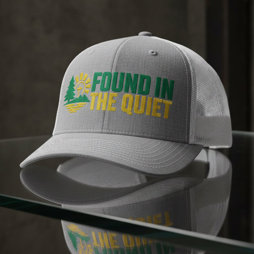 Found In The Quiet Trucker Cap in Heather Grey / White — found in the quiet, quiet faith, Richardson 112 christian trucker cap