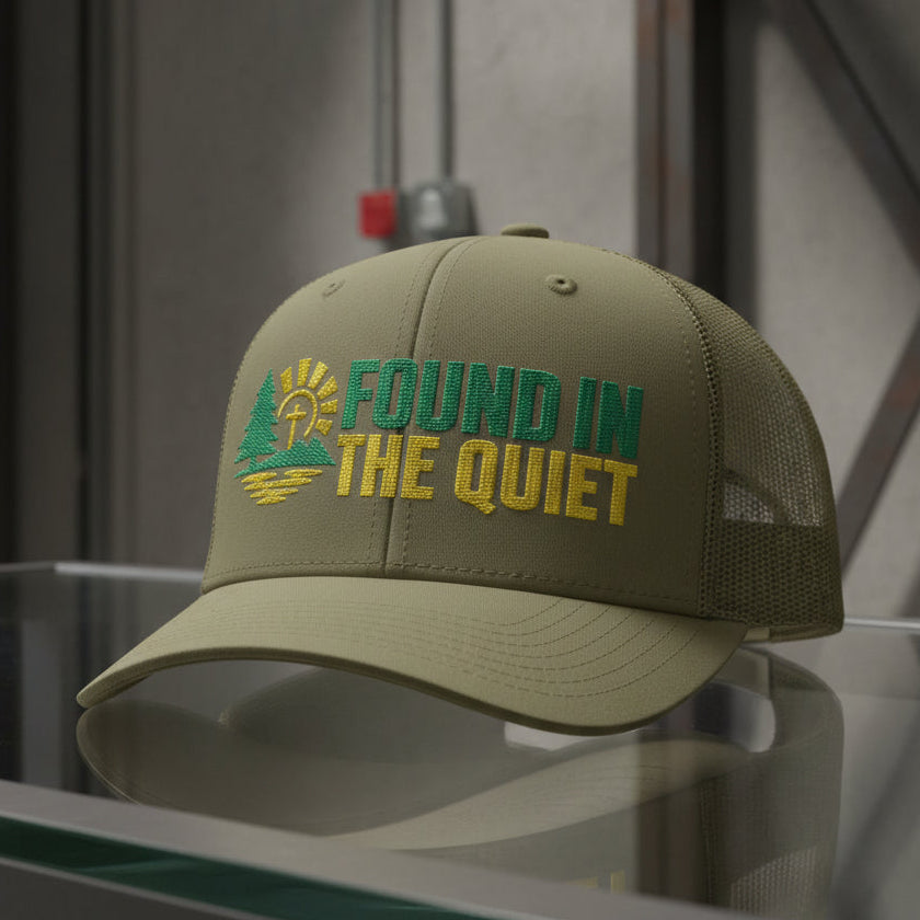 Found In The Quiet Trucker Cap in Loden (olive green) — found in the quiet, quiet faith, Richardson 112 christian trucker cap