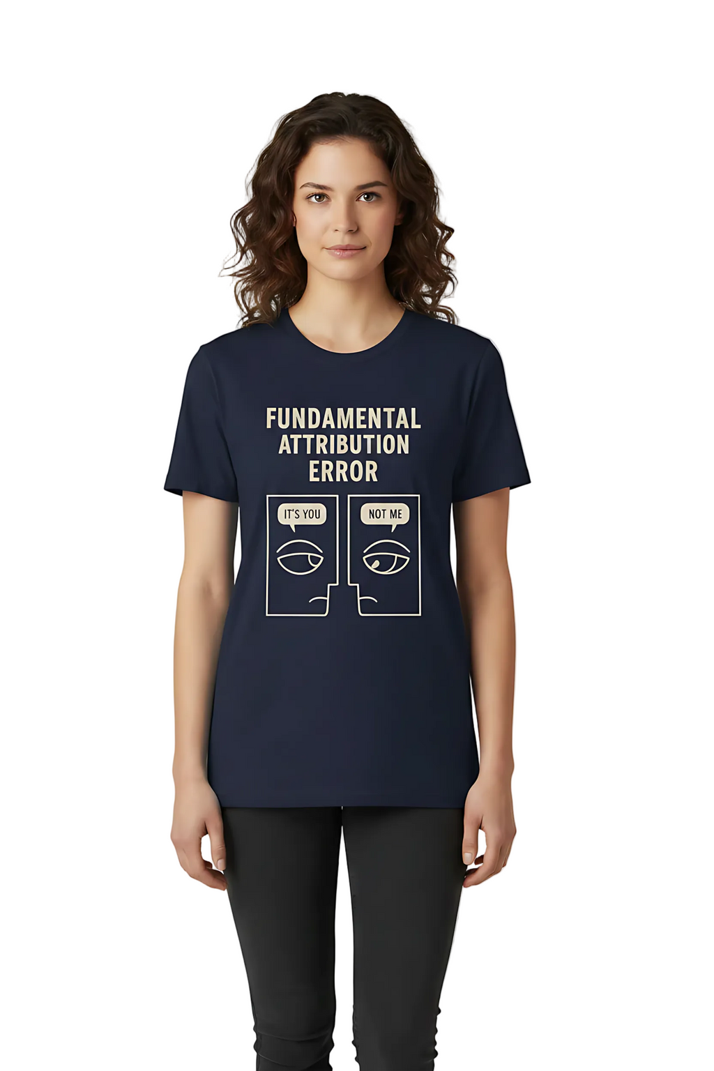 Person wearing a navy t-shirt with 'Fundamental Attribution Error' text and graphic on a light gray background