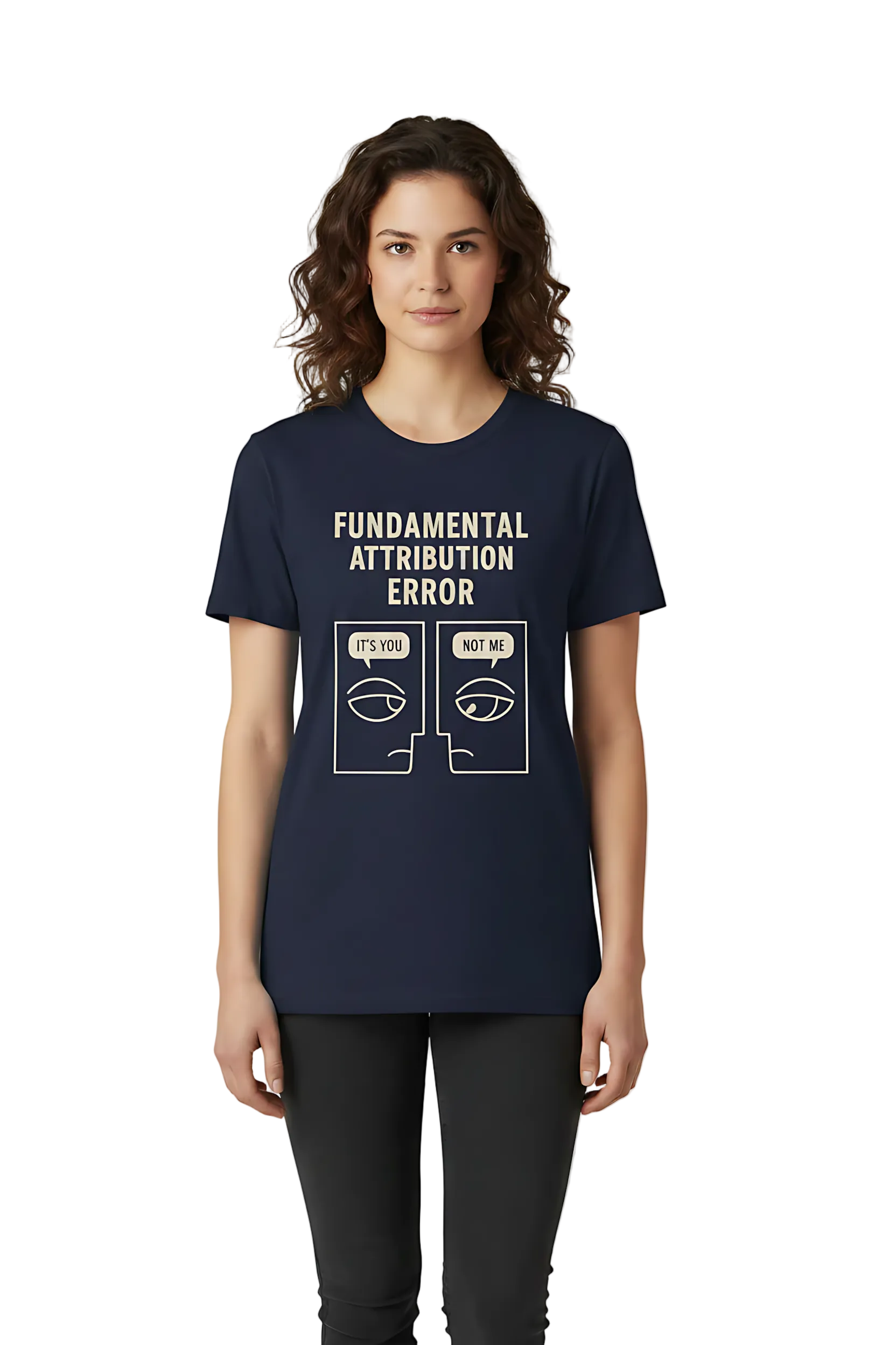 Person wearing a navy t-shirt with 'Fundamental Attribution Error' text and graphic on a light gray background