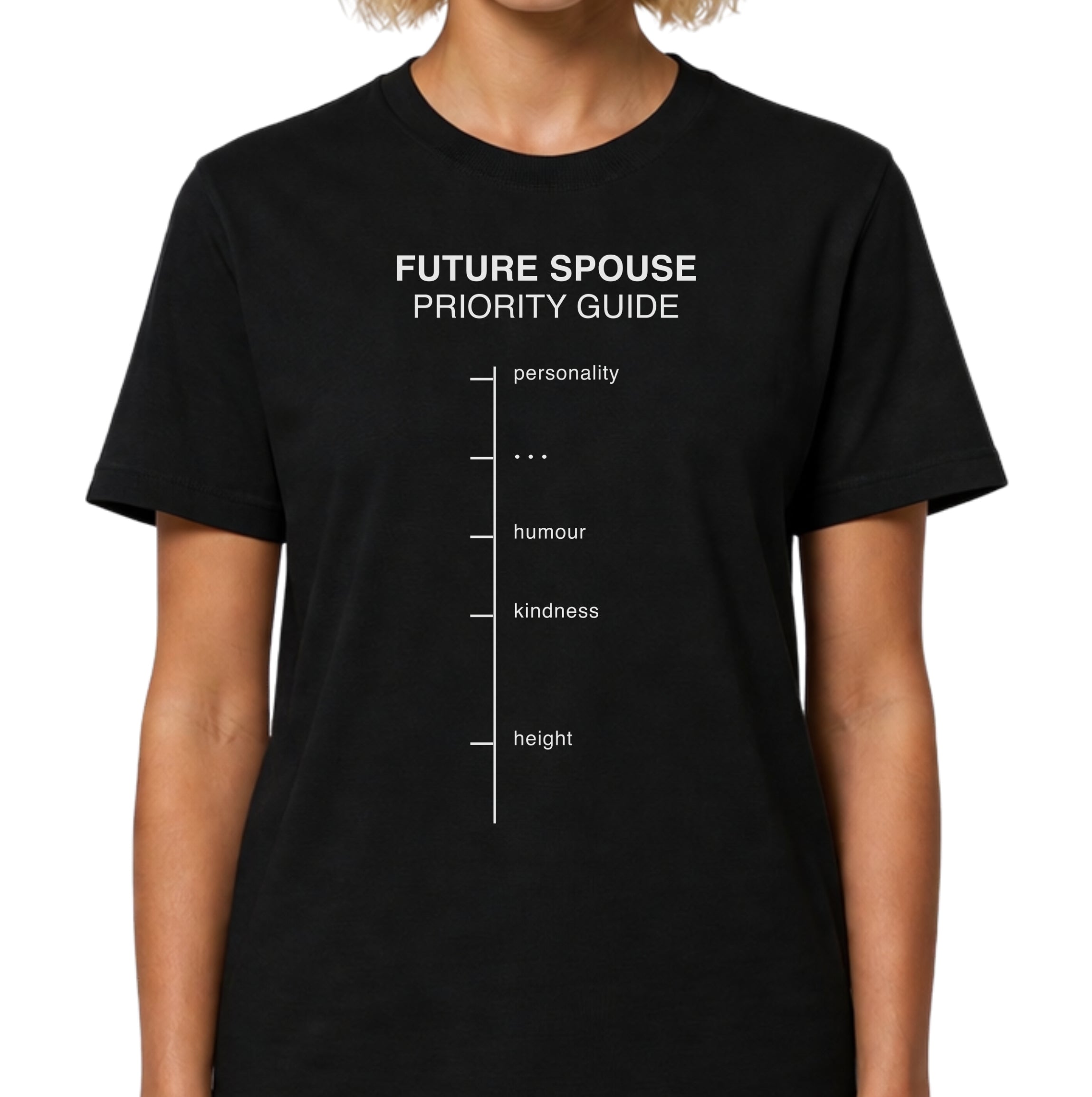 Black t-shirt with 'Future Spouse Priority Guide' text and design on a white background