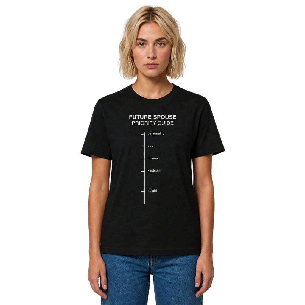 Future Spouse Priority Guide T-shirt with a minimalist dating chart design on black. A dry humor relationship tee for modern dating, singles, couples, and everyday wear.