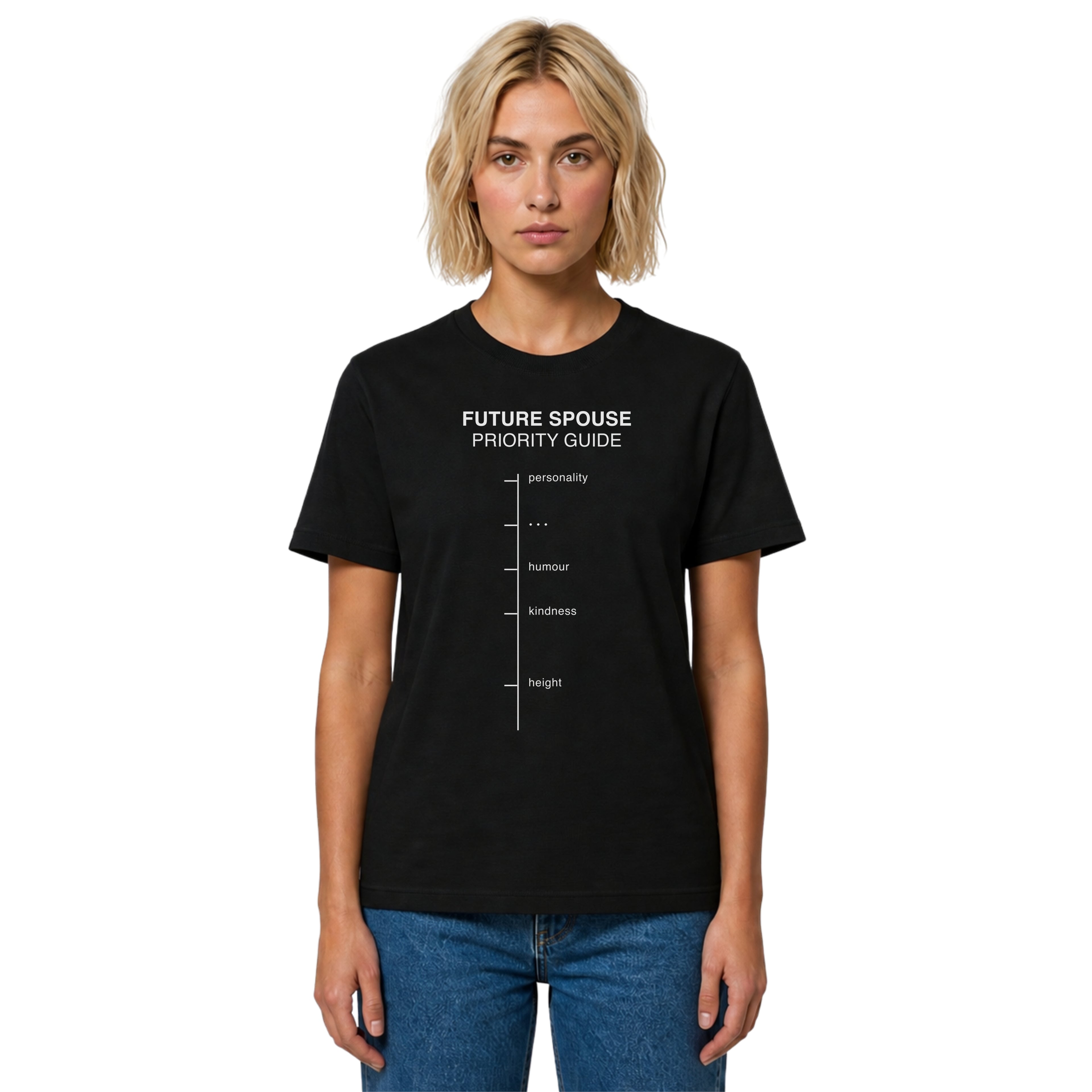 Future Spouse Priority Guide T-shirt with a minimalist dating chart design on black. A dry humor relationship tee for modern dating, singles, couples, and everyday wear.
