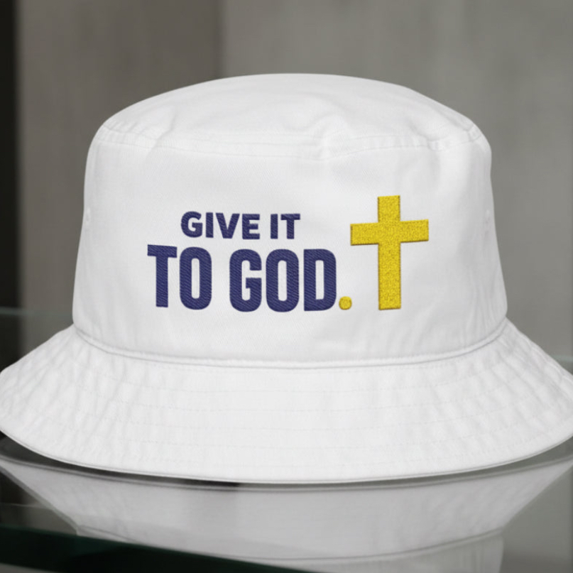 Give It To God Bucket Hat in White, embroidery close-up — give it to god, cast your cares, Big Accessories BX003 christian bucket hat