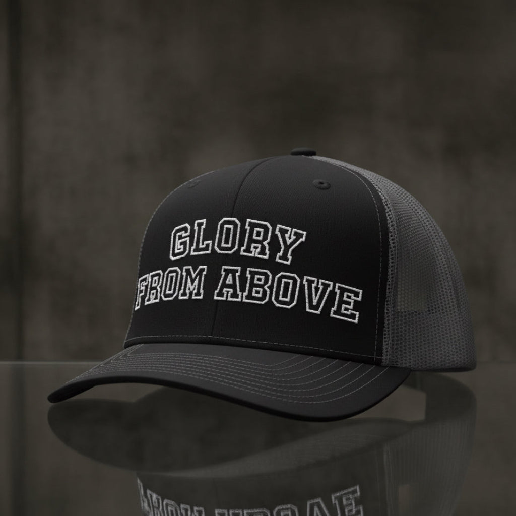 Glory From Above Trucker Cap in Black / Charcoal, alternate view — glory from above, collegiate, Richardson 112 christian trucker cap