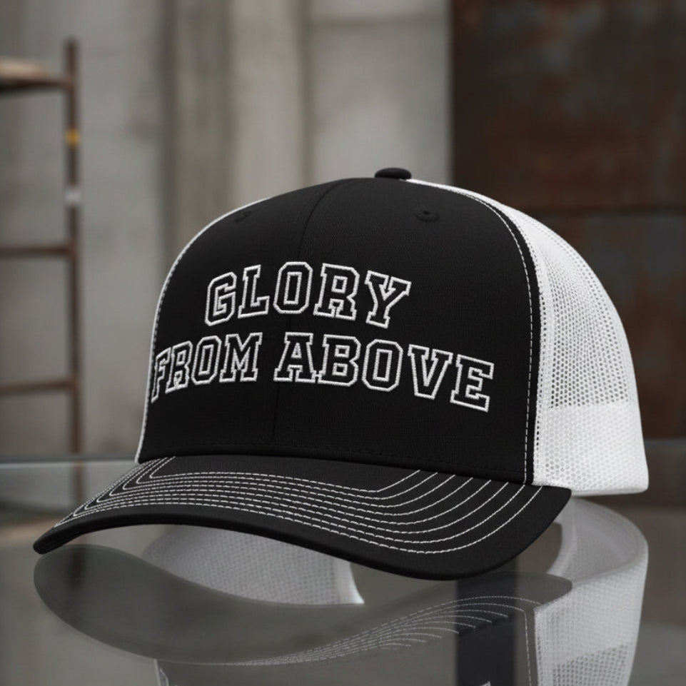 Glory From Above Trucker Cap in Black / White — glory from above, collegiate, Richardson 112 christian trucker cap