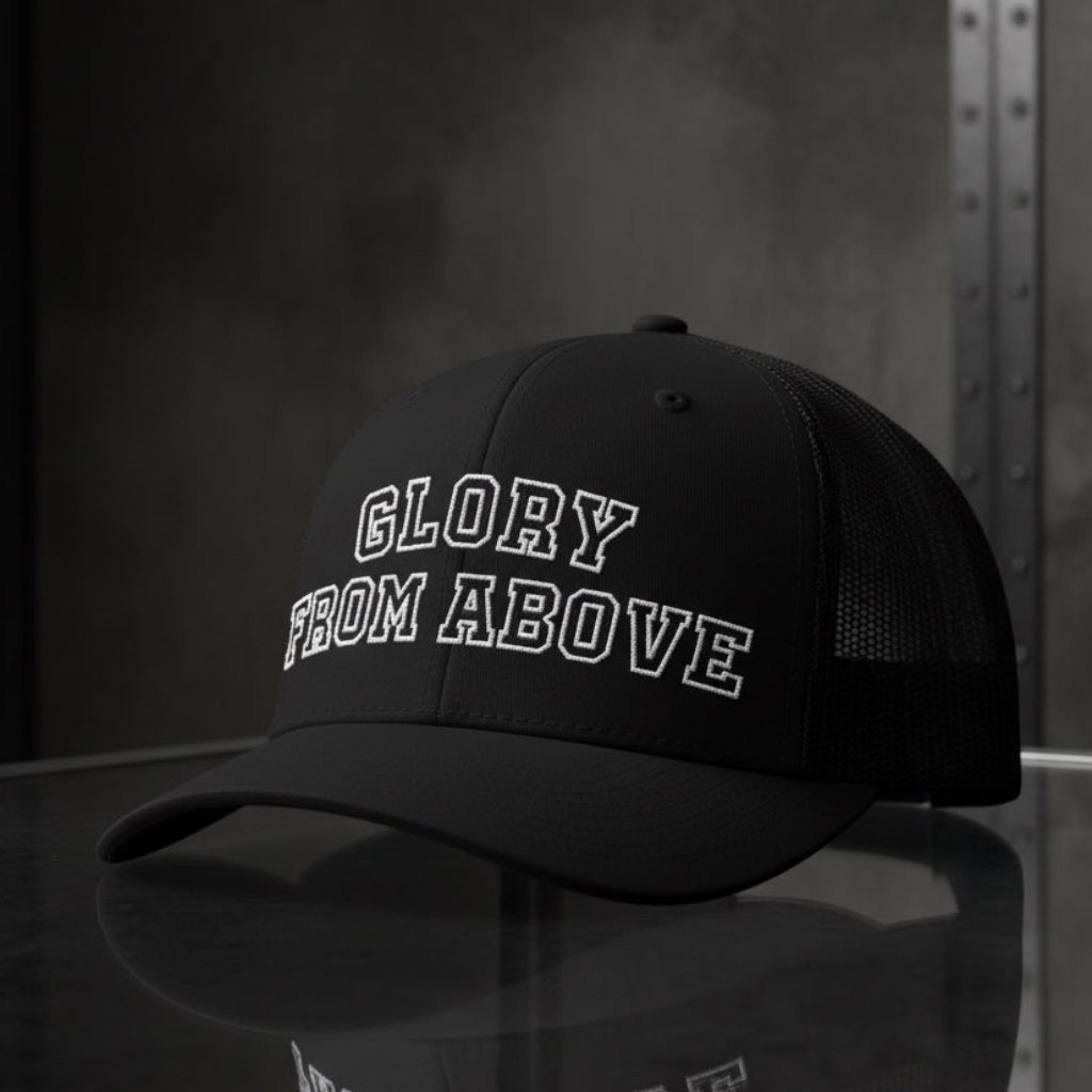 Glory From Above Trucker Cap in Black — glory from above, collegiate, Richardson 112 christian trucker cap