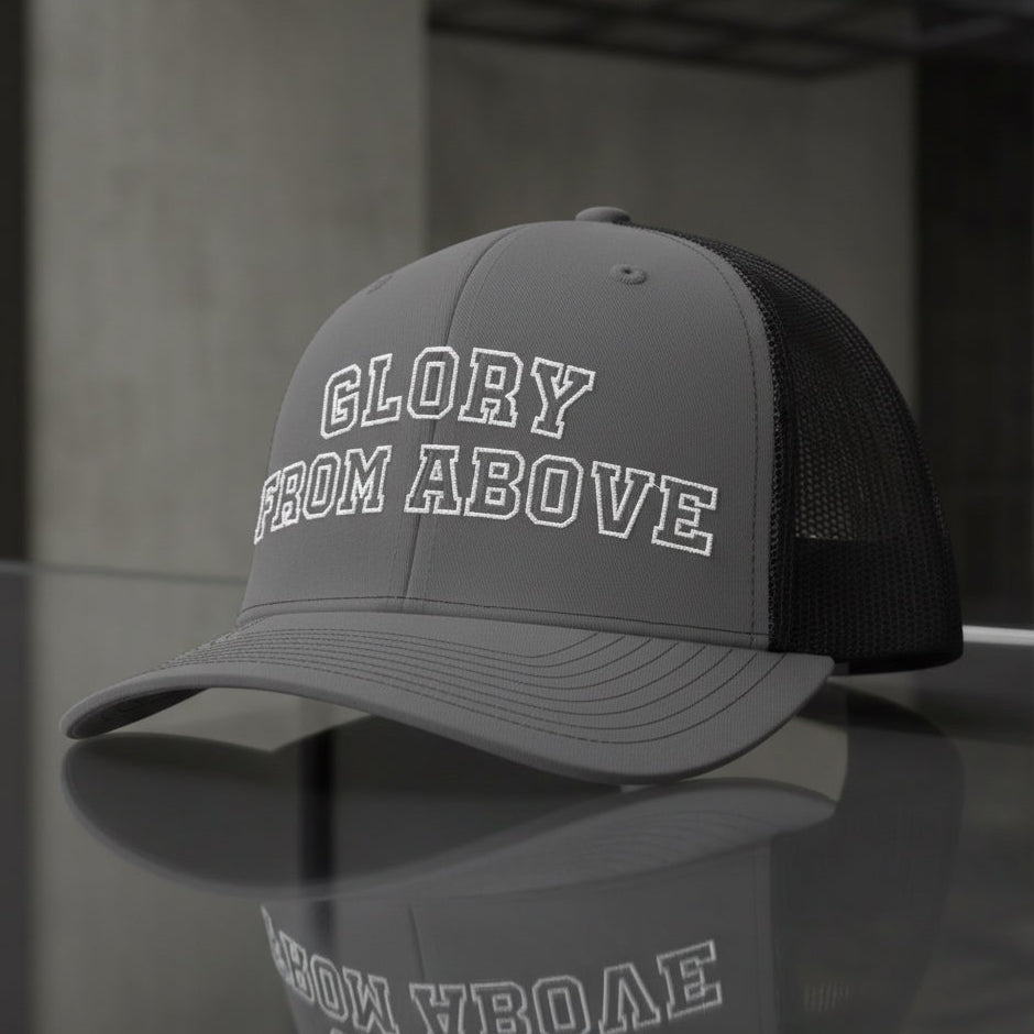 Glory From Above Trucker Cap in Charcoal / Black — glory from above, collegiate, Richardson 112 christian trucker cap