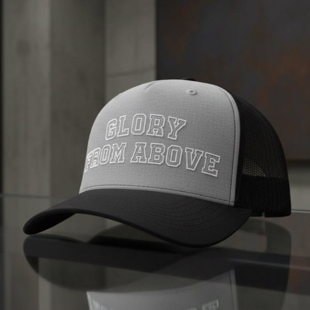 Glory From Above Trucker Cap in Heather Grey / Black — glory from above, collegiate, Richardson 112 christian trucker cap