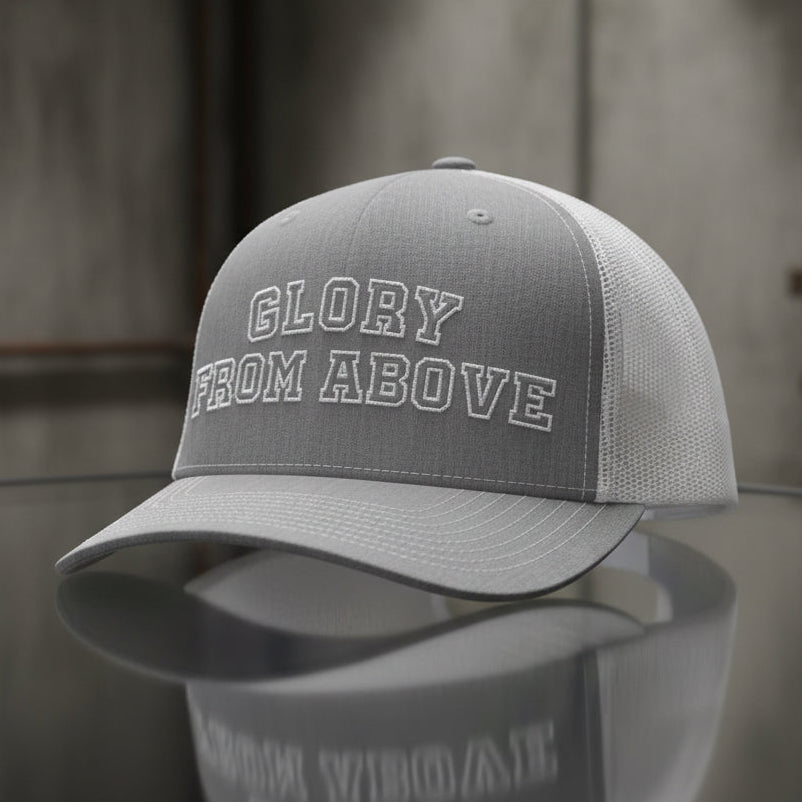 Glory From Above Trucker Cap in Heather Grey / White — glory from above, collegiate, Richardson 112 christian trucker cap
