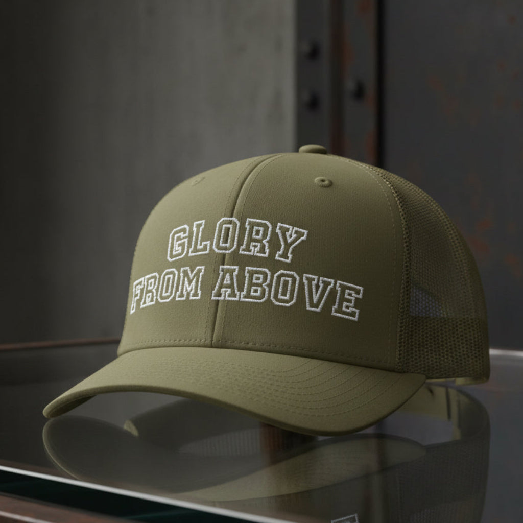 Glory From Above Trucker Cap in Loden (olive green) — glory from above, collegiate, Richardson 112 christian trucker cap