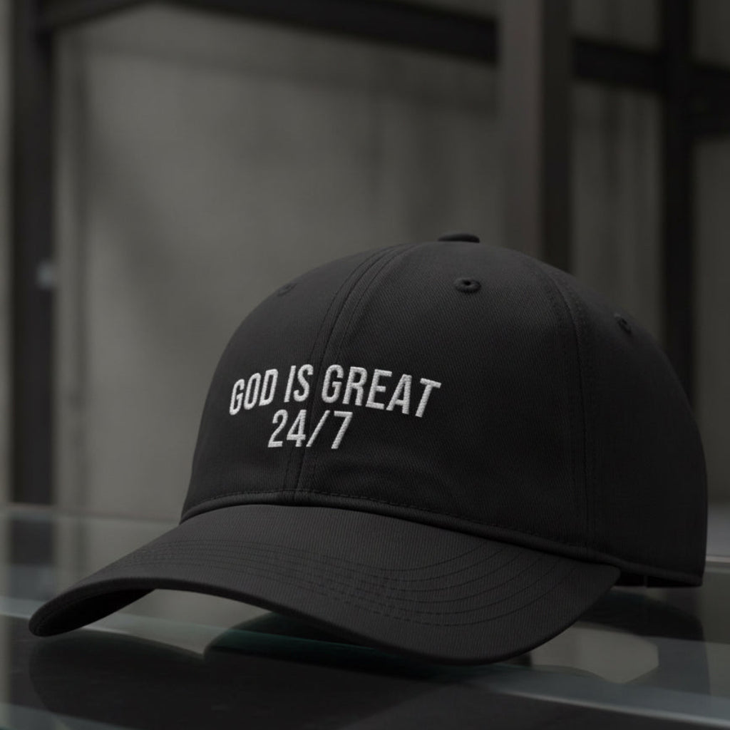 God Is Great 24/7 Cap in Black — god is great 24/7, praise, Comfort Colors CCWC0 washed christian cap