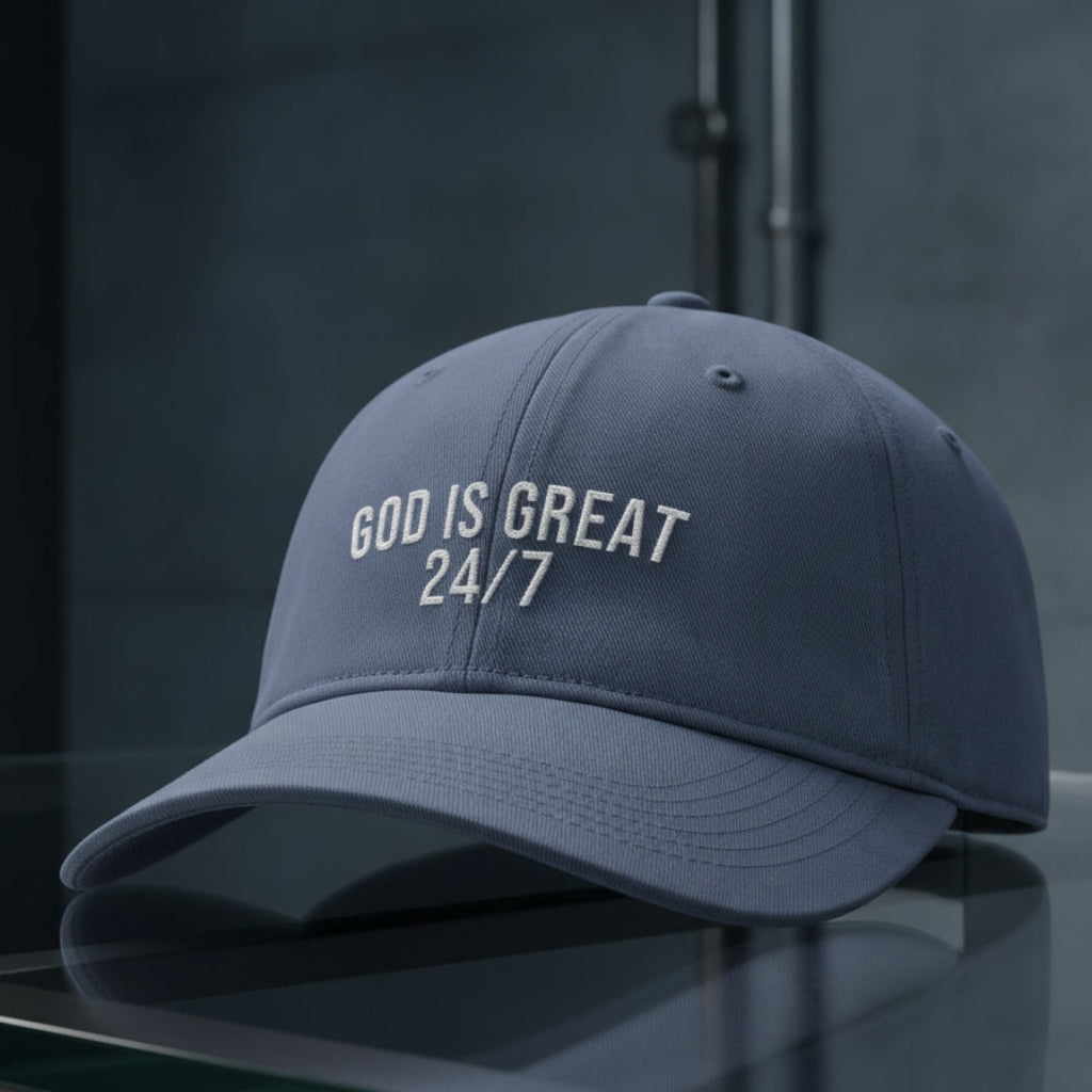 God Is Great 24/7 Cap in Blue Jean (slate blue), alternate view — god is great 24/7, praise, Comfort Colors CCWC0 washed christian cap