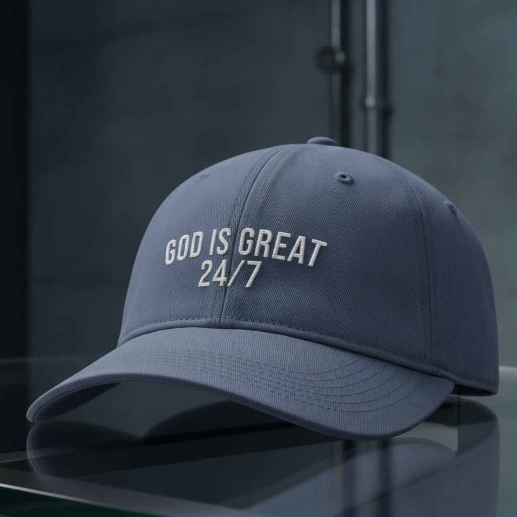 God Is Great 24/7 Cap in Blue Jean (slate blue) — god is great 24/7, praise, Comfort Colors CCWC0 washed christian cap