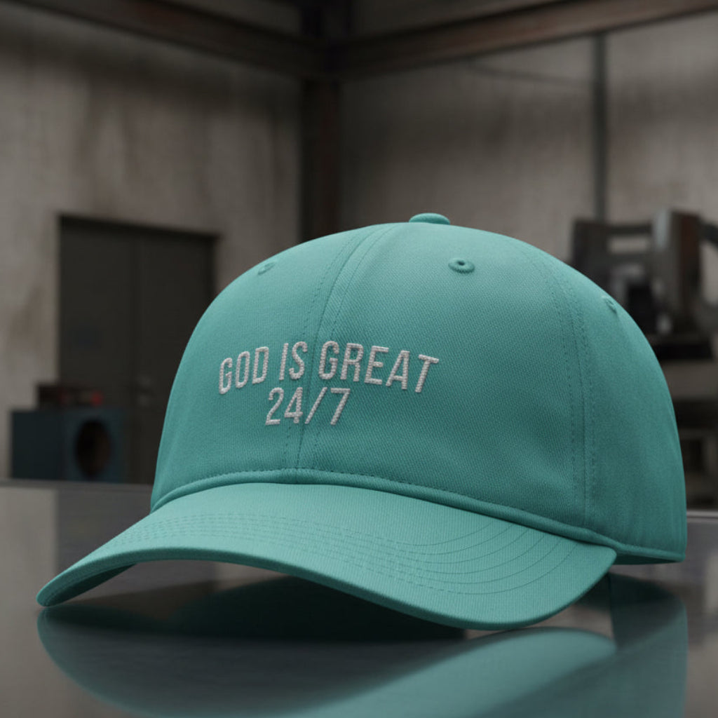 God Is Great 24/7 Cap in Chalky Mint (mint green) — god is great 24/7, praise, Comfort Colors CCWC0 washed christian cap