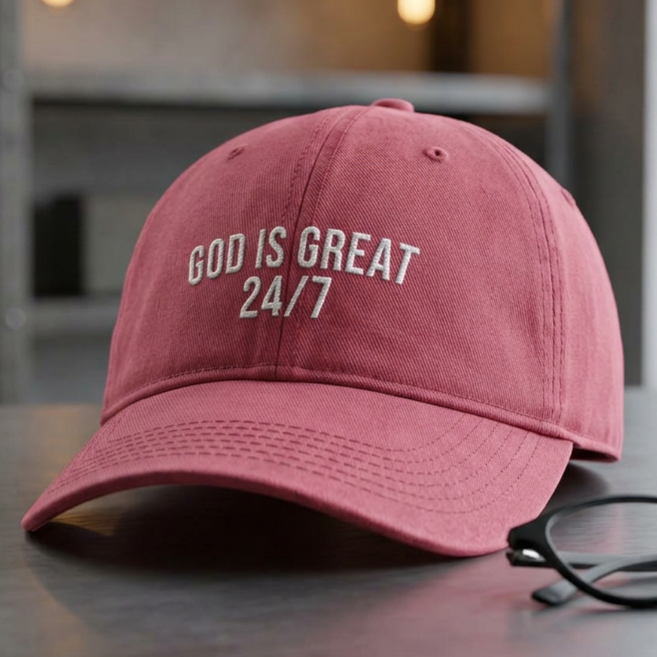 God Is Great 24/7 Cap in Crimson (washed red) — god is great 24/7, praise, Comfort Colors CCWC0 washed christian cap