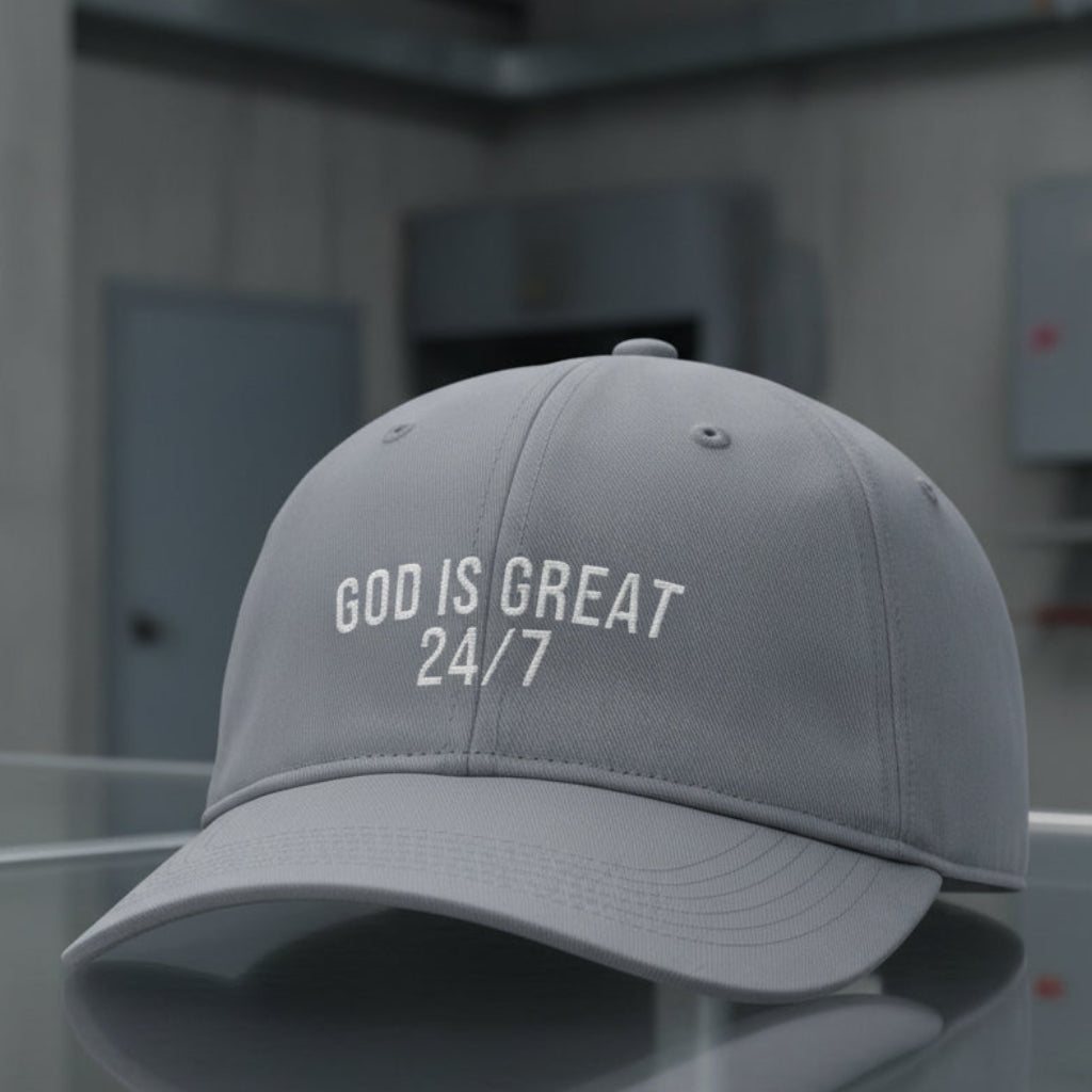 God Is Great 24/7 Cap in Granite (grey) — god is great 24/7, praise, Comfort Colors CCWC0 washed christian cap