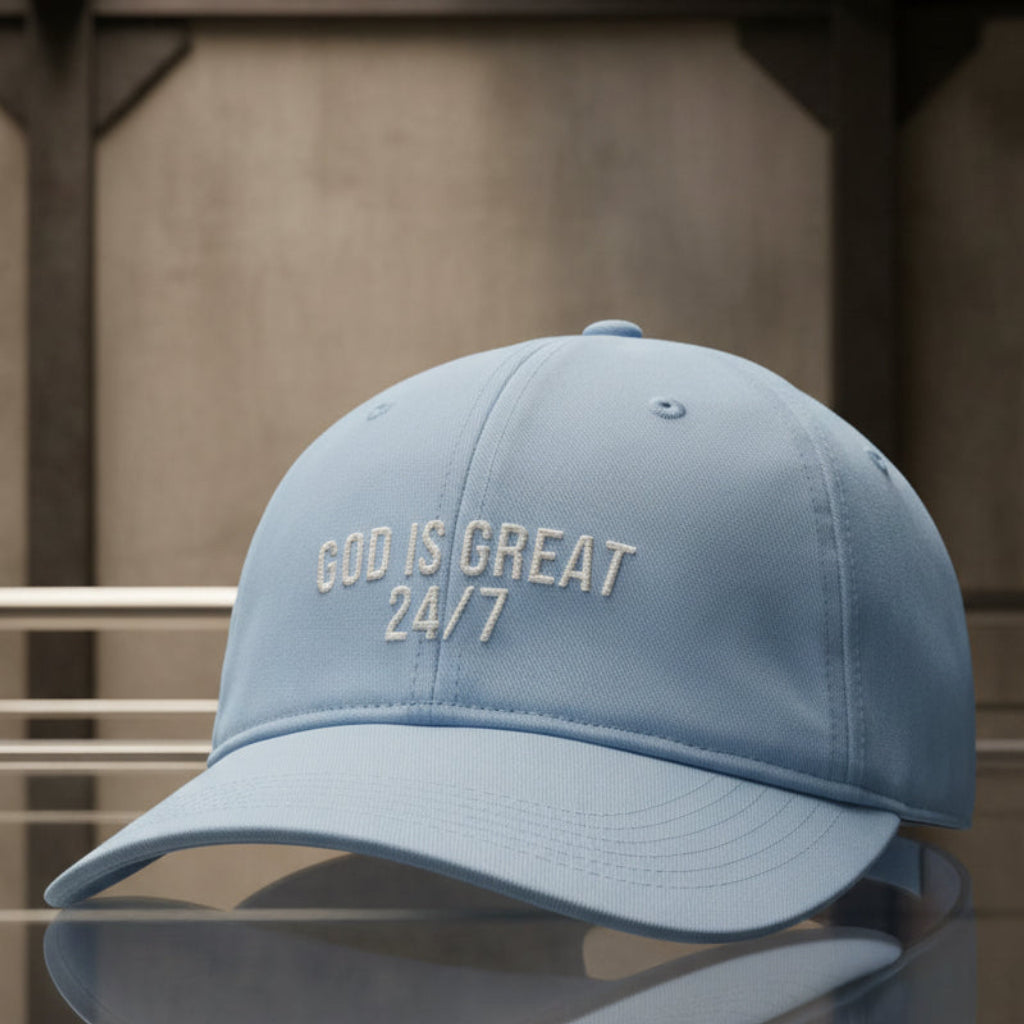 God Is Great 24/7 Cap in Hydrangea (light blue) — god is great 24/7, praise, Comfort Colors CCWC0 washed christian cap