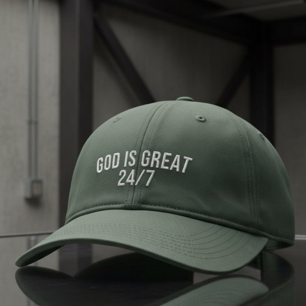God Is Great 24/7 Cap in Moss (green) — god is great 24/7, praise, Comfort Colors CCWC0 washed christian cap