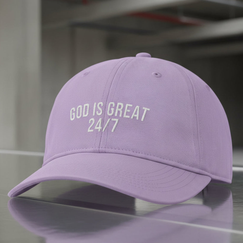 God Is Great 24/7 Cap in Orchid (lilac) — god is great 24/7, praise, Comfort Colors CCWC0 washed christian cap