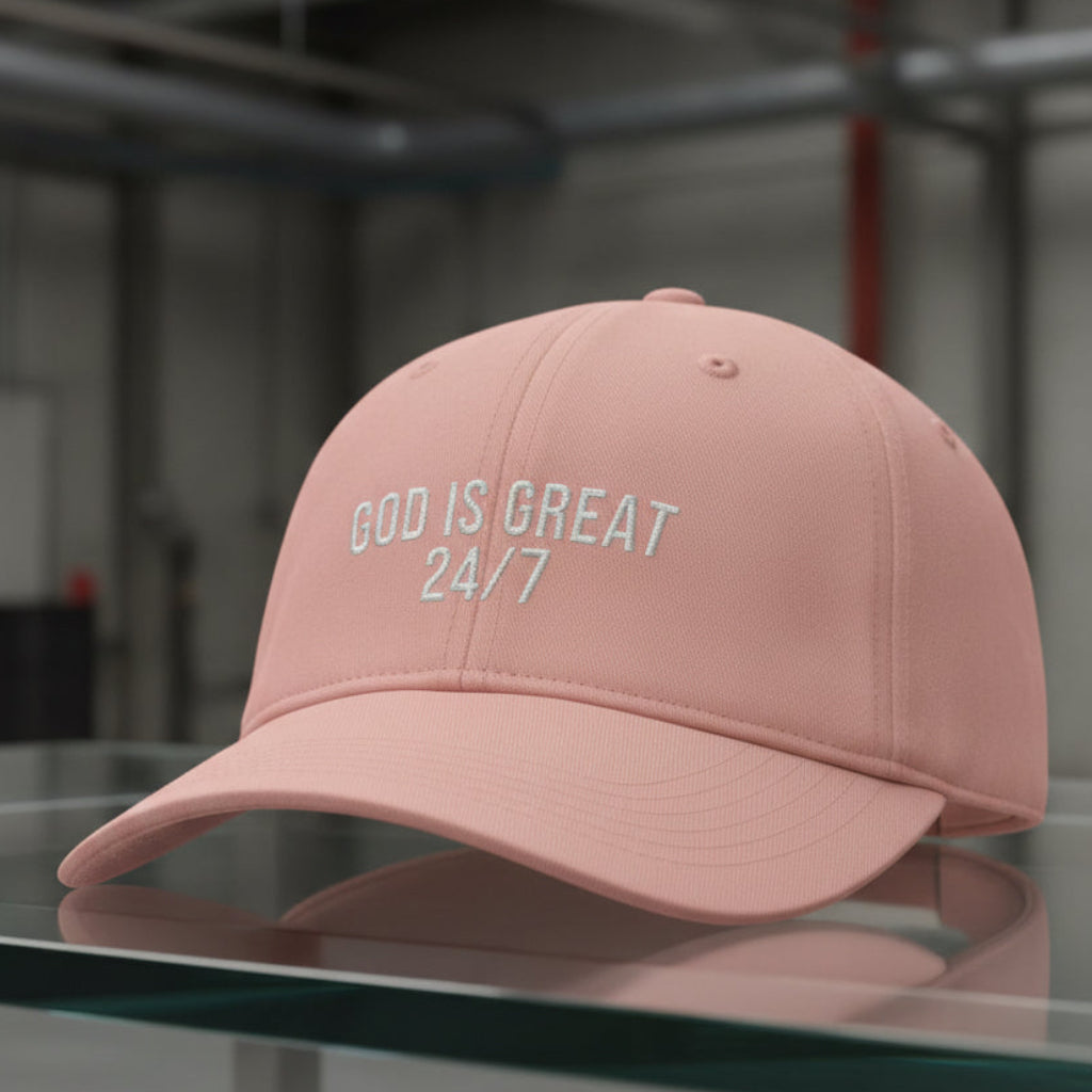 God Is Great 24/7 Cap in Peachy (soft peach) — god is great 24/7, praise, Comfort Colors CCWC0 washed christian cap